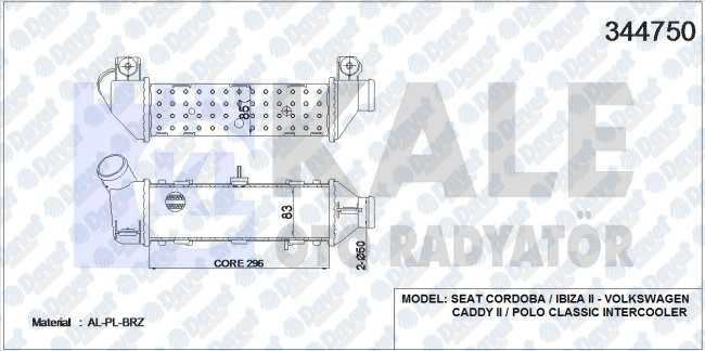 KALE 344750 Turbo Radyatoru (Intercooler) Caddy Ii-Polo-Cordoba-Ibiza Ii-1.9 Tdi (295x95x85) (Al/Pl/Brz)